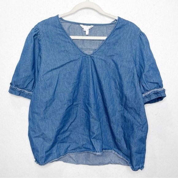 Draper James Heidi V-Neck Ruffle Sleeve Top in Chambray Size XL - Picture 3 of 6